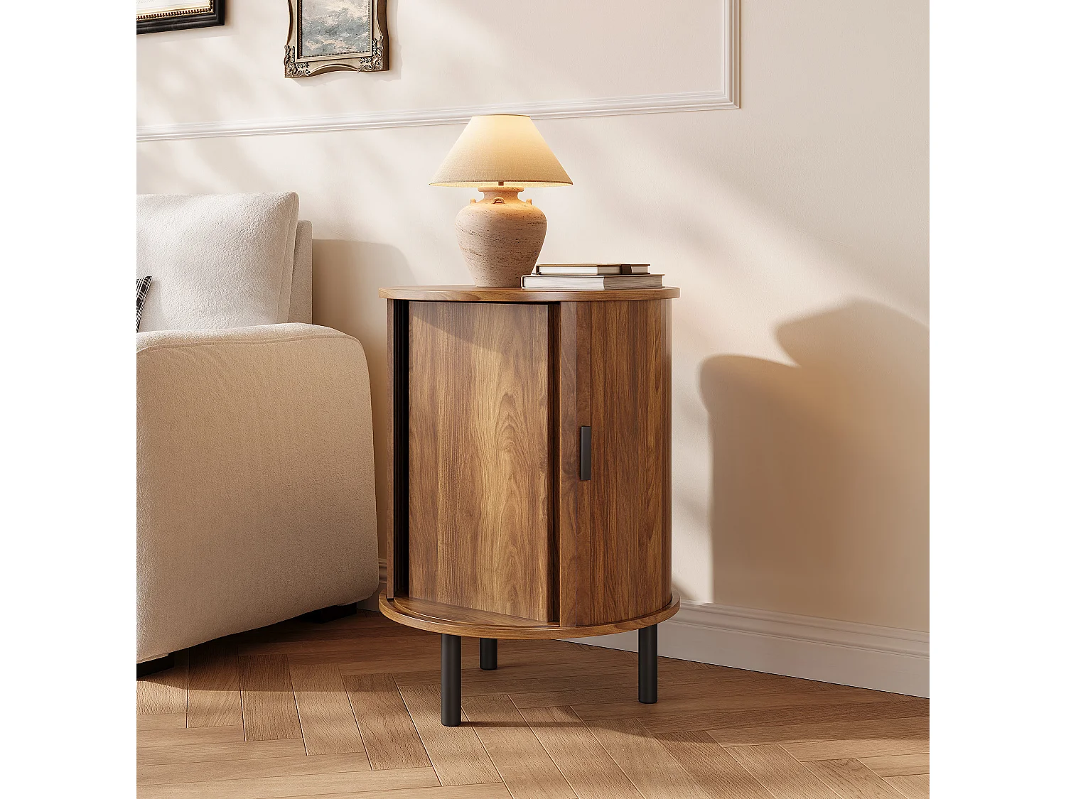 Table d'appoint rond avec 1 porte coulissante - Marron