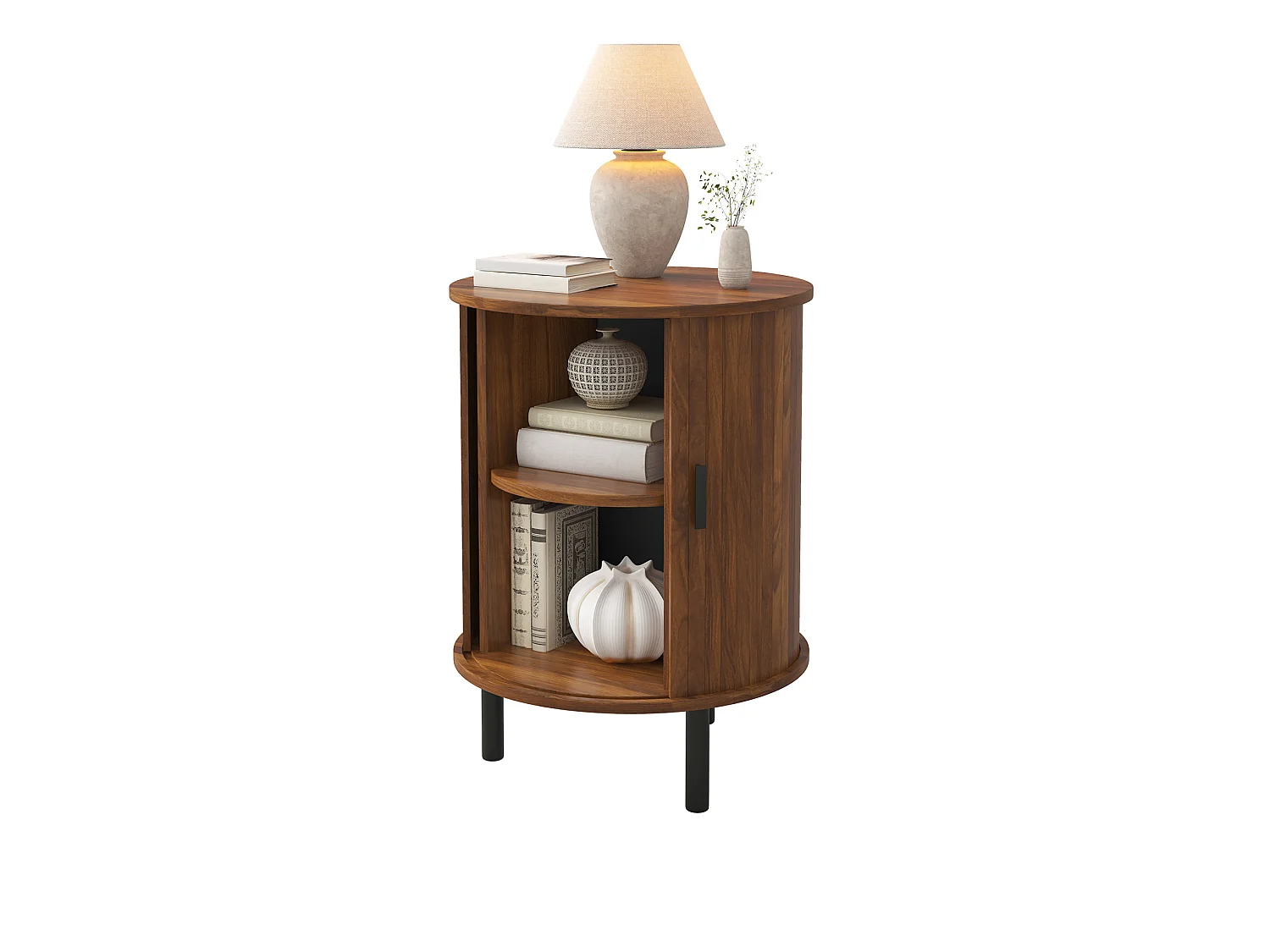 Table d'appoint rond avec 1 porte coulissante - Marron