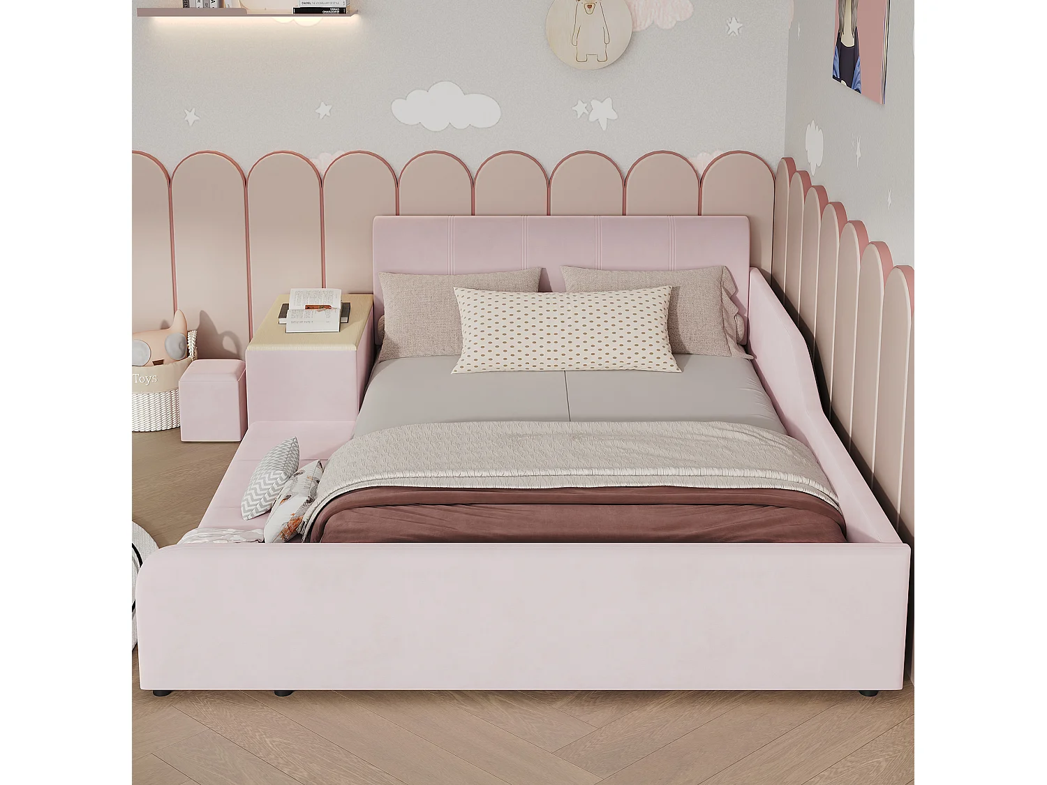 Lit enfant 140x200 cm avec bureau et tabouret - Lit double en velours rose
