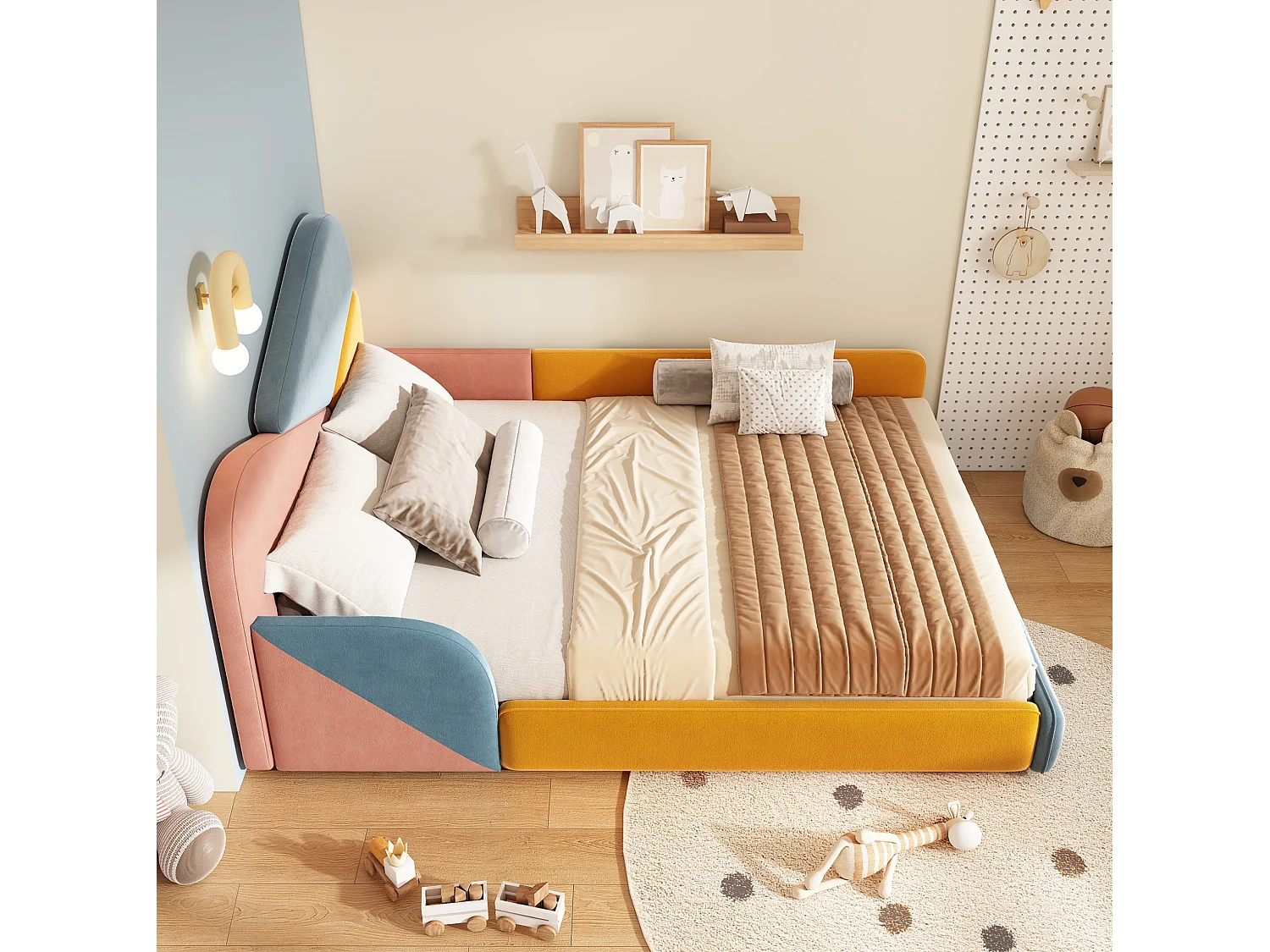 Lit enfant 140 x 200 cm multicolore en velours - Barrières de sécurité latérales