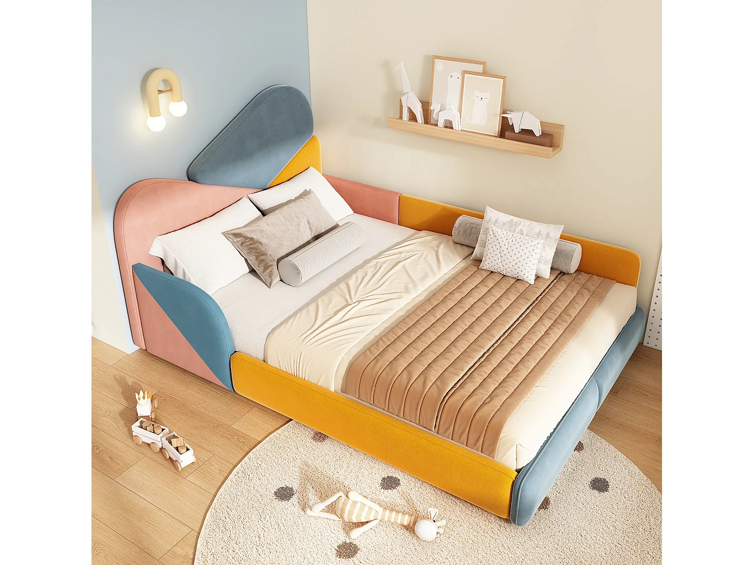 Lit enfant 140 x 200 cm multicolore en velours - Barrières de sécurité latérales