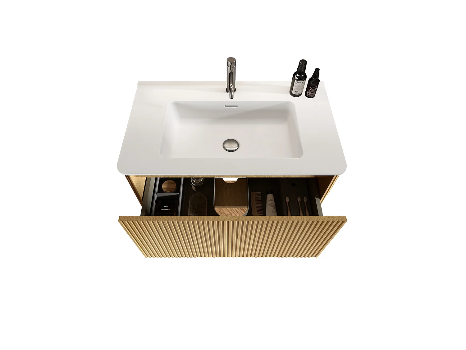 Mobile bagno sospeso (81 cm) con lavabo a incasso e cassetto – Finitura naturale chiara