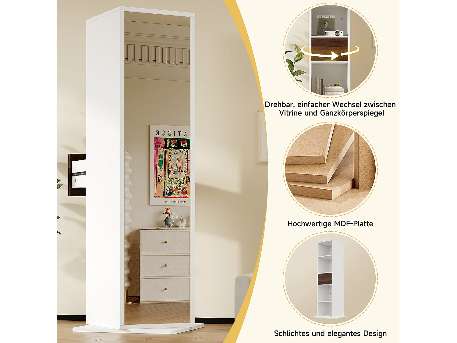 Colonne de rangement pivotante blanche 168 cm, avec miroir, tiroir et étagères, gain de place