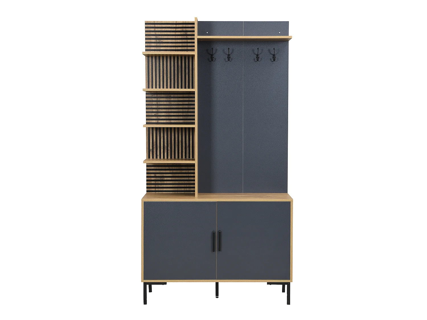 Vestiaire d'entrée avec 2 portes, étagères et crochets - Bois et noir