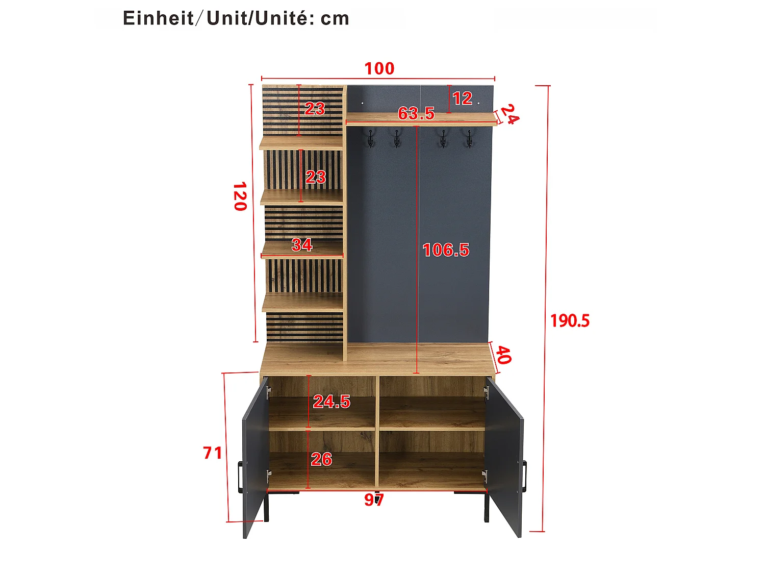 Vestiaire d'entrée avec 2 portes, étagères et crochets - Bois et noir