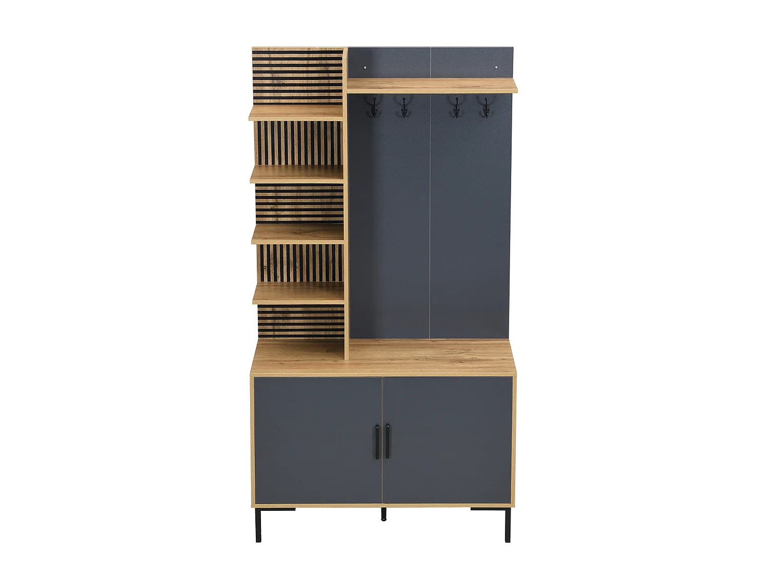 Vestiaire d'entrée avec 2 portes, étagères et crochets - Bois et noir