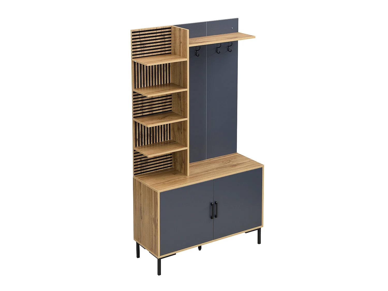 Vestiaire d'entrée avec 2 portes, étagères et crochets - Bois et noir