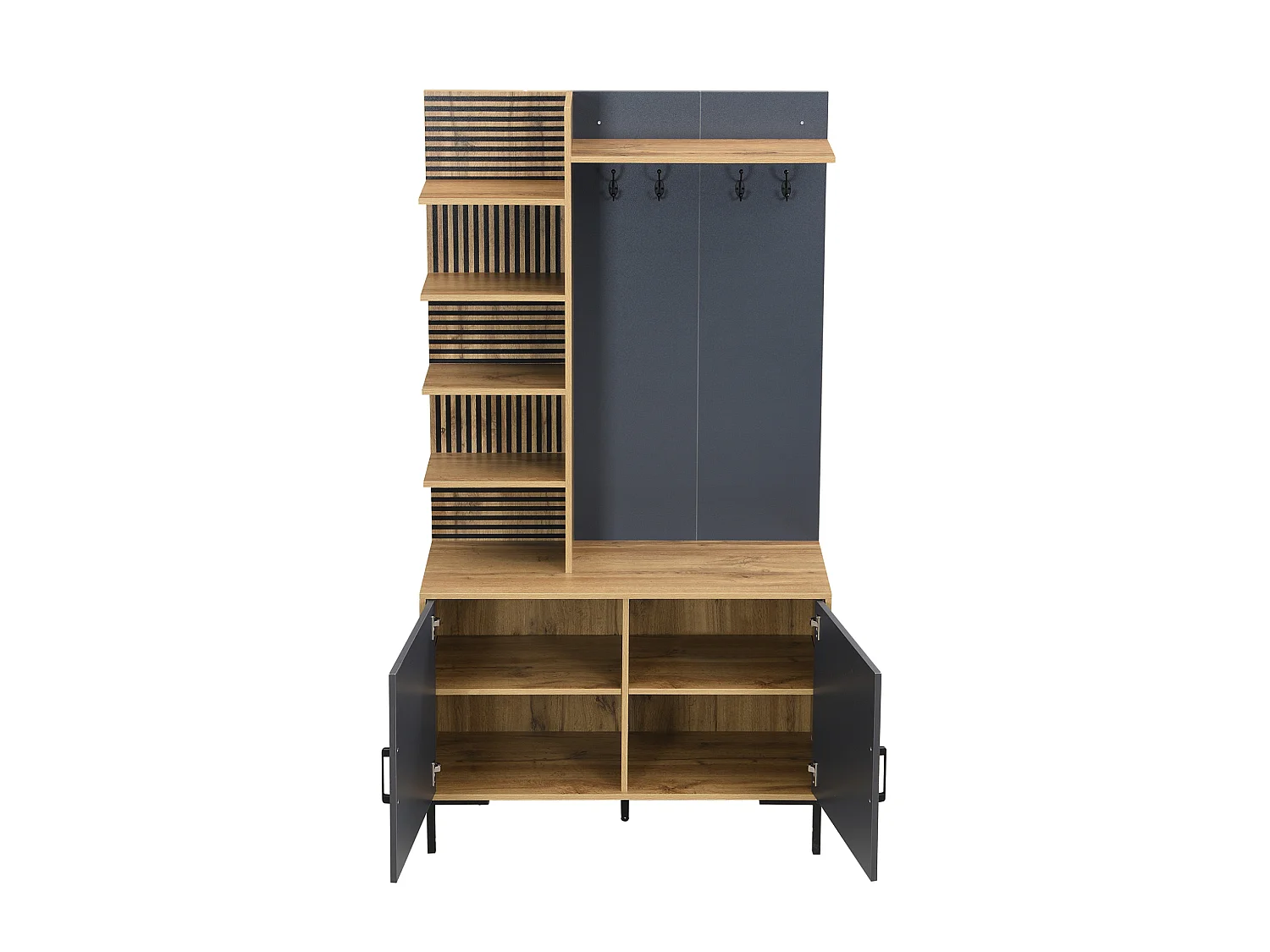 Vestiaire d'entrée avec 2 portes, étagères et crochets - Bois et noir