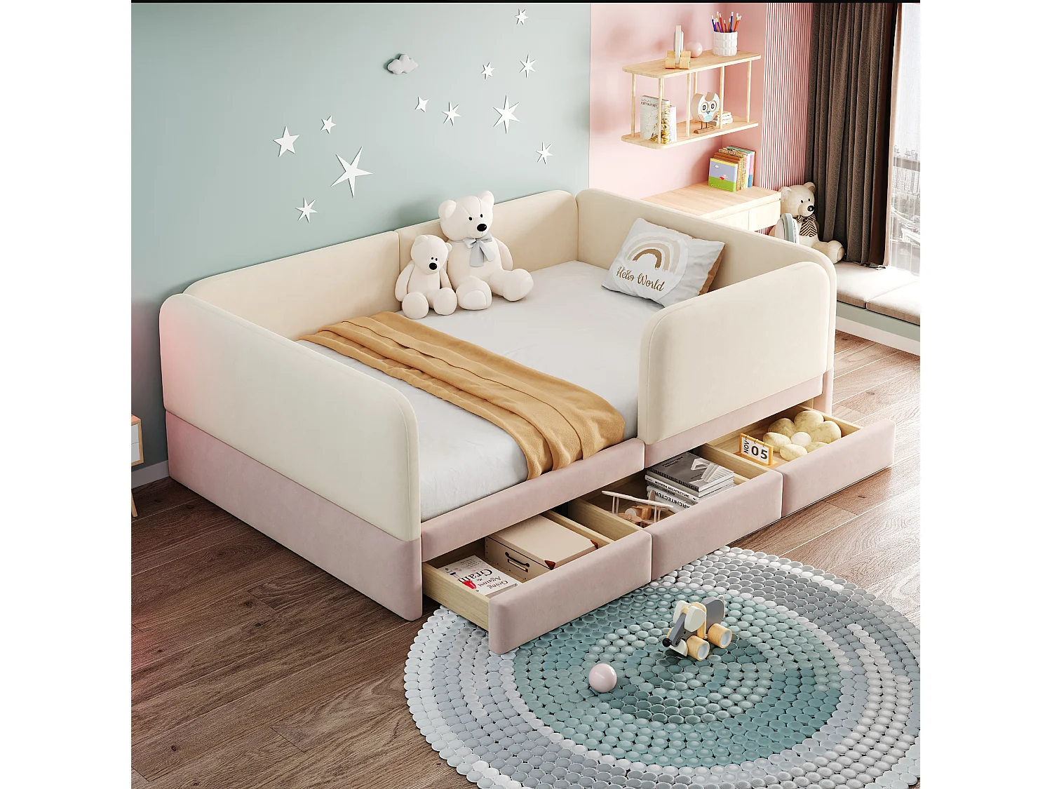 Lit double 140x200 beige et rose, rembourré, avec tiroirs et coins arrondis, pour chambre d'ado