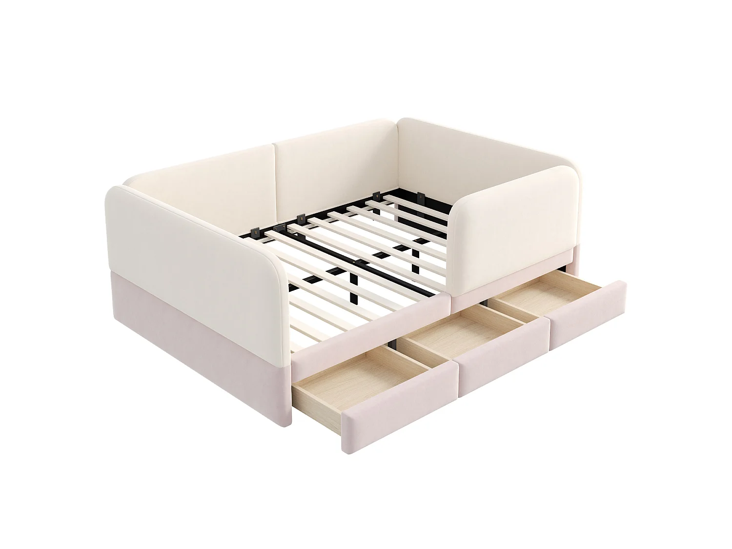 Lit double 140x200 beige et rose, rembourré, avec tiroirs et coins arrondis, pour chambre d'ado
