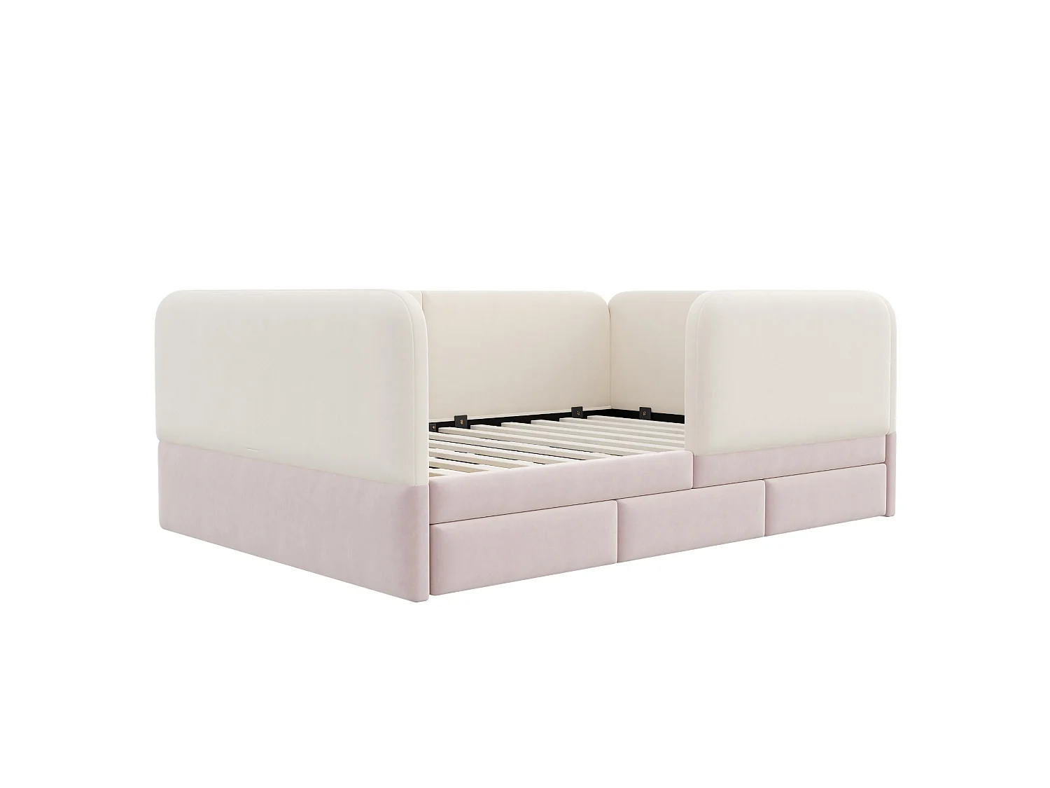 Lit double 140x200 beige et rose, rembourré, avec tiroirs et coins arrondis, pour chambre d'ado