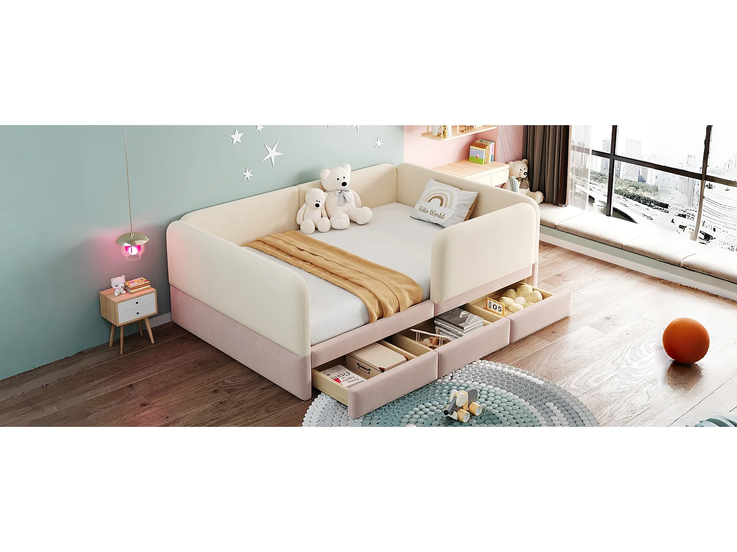 Lit double 140x200 beige et rose, rembourré, avec tiroirs et coins arrondis, pour chambre d'ado