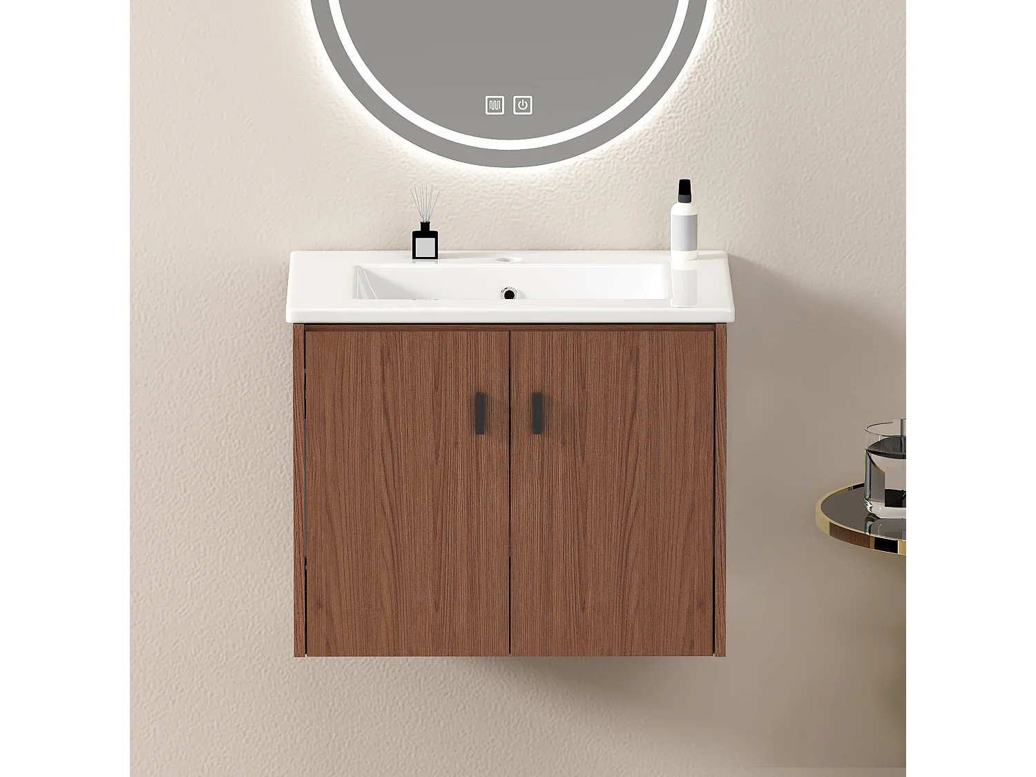 Mobiletto da bagno sospeso 60,8 cm con lavabo in ceramica - Marrone rossastro