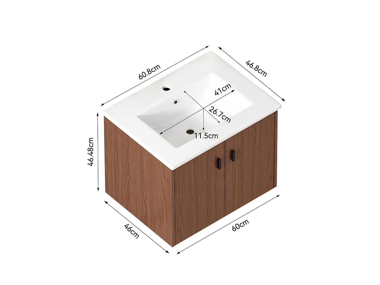 Mobiletto da bagno sospeso 60,8 cm con lavabo in ceramica - Marrone rossastro