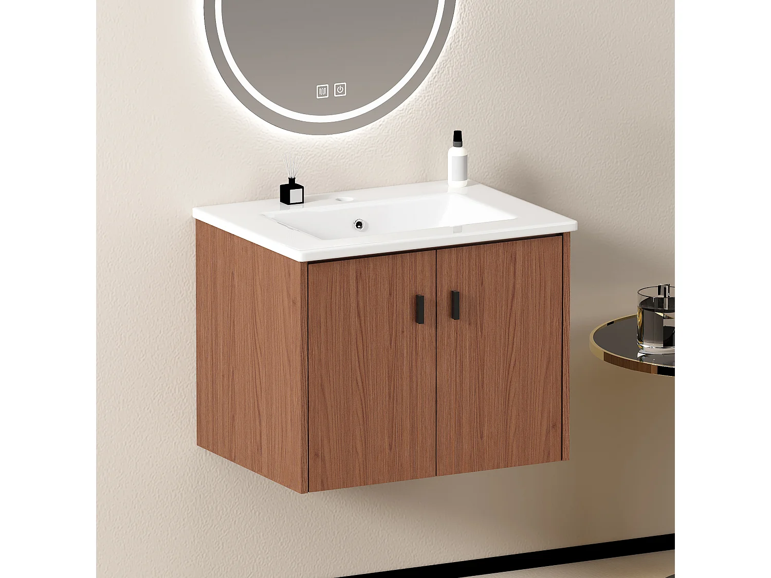 Mobiletto da bagno sospeso 60,8 cm con lavabo in ceramica - Marrone rossastro