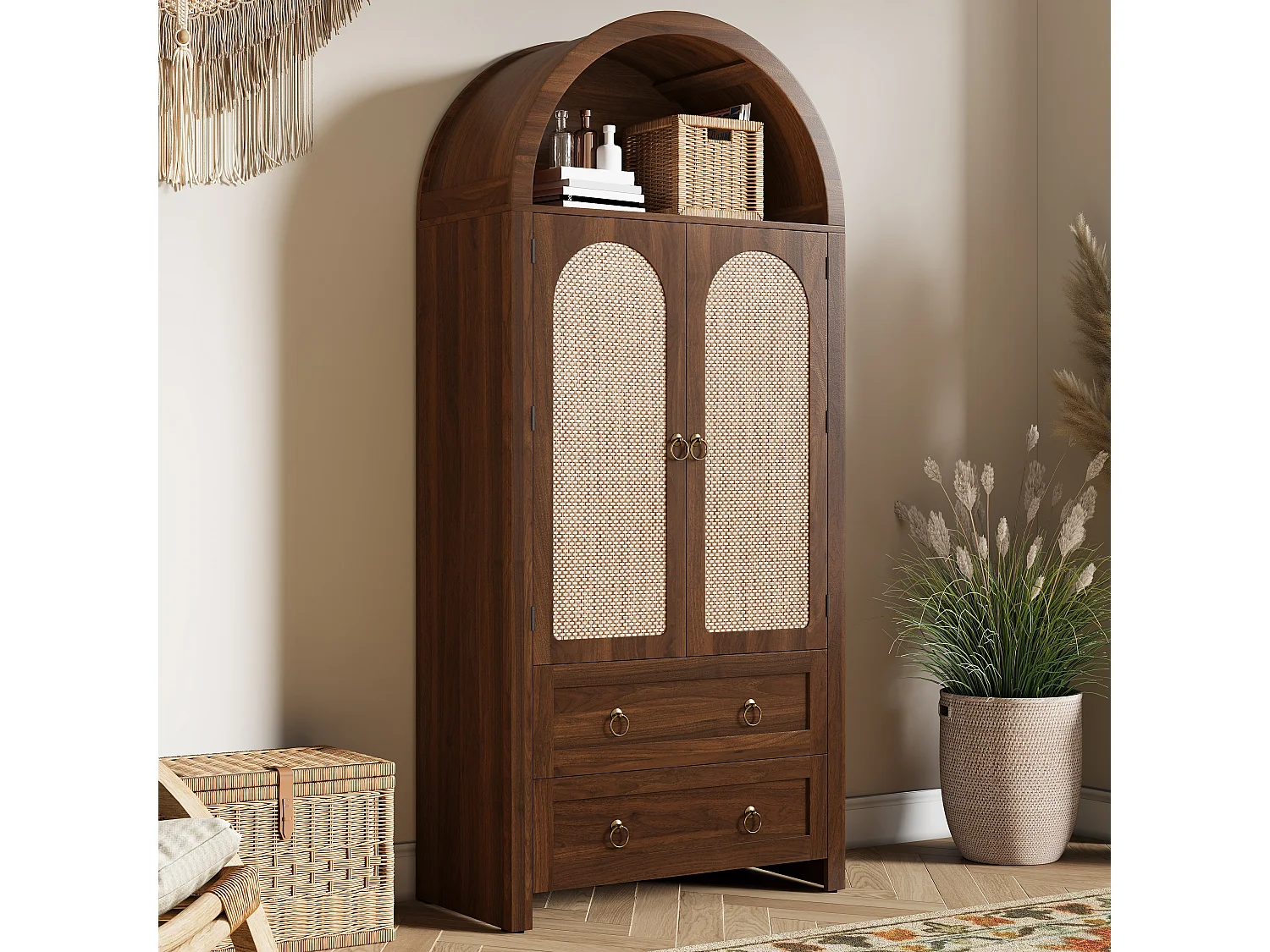Colonne de rangement en bois foncé, 2 portes, 2 tiroirs, style arche, salon/chambre