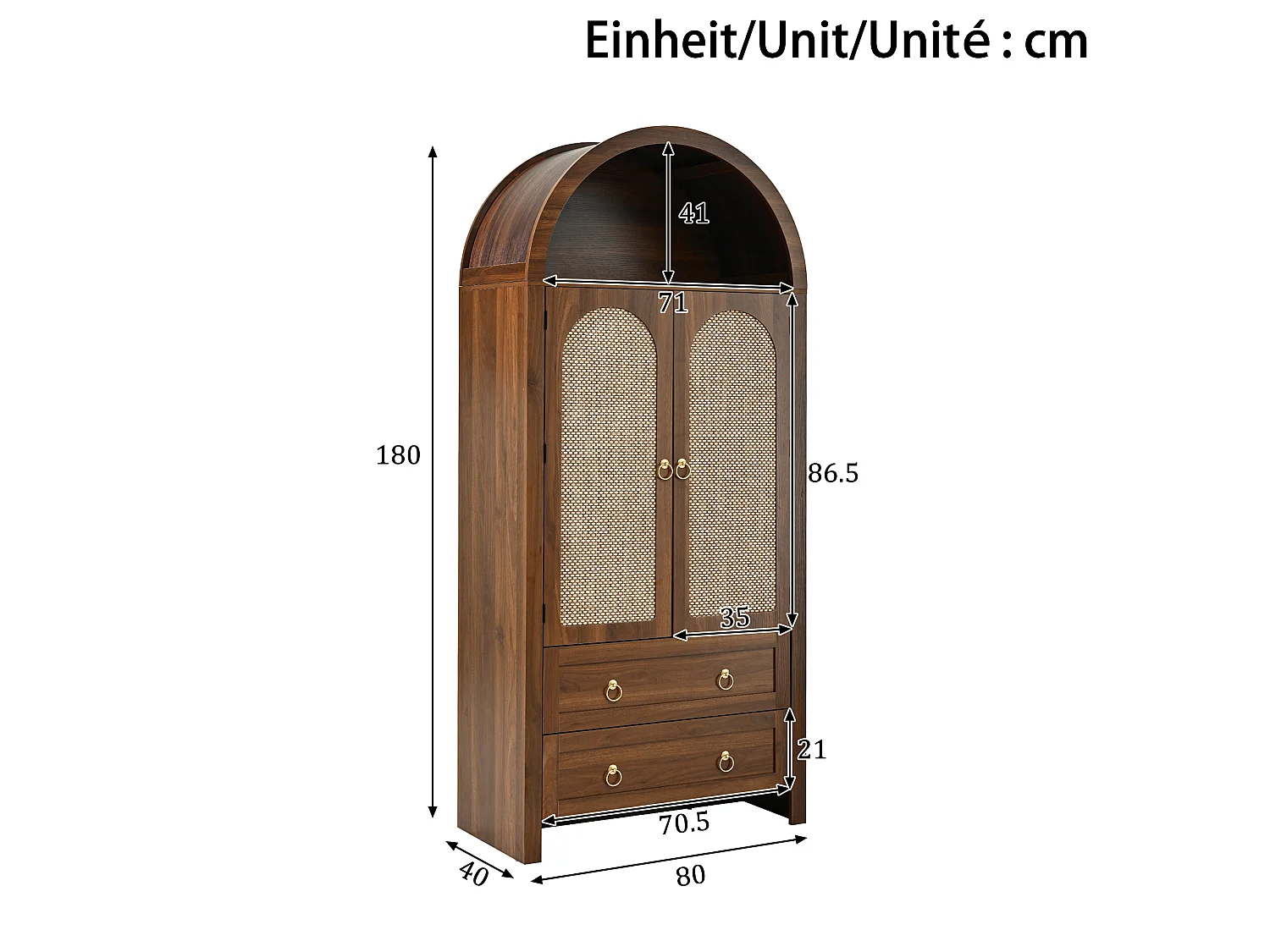 Colonne de rangement en bois foncé, 2 portes, 2 tiroirs, style arche, salon/chambre