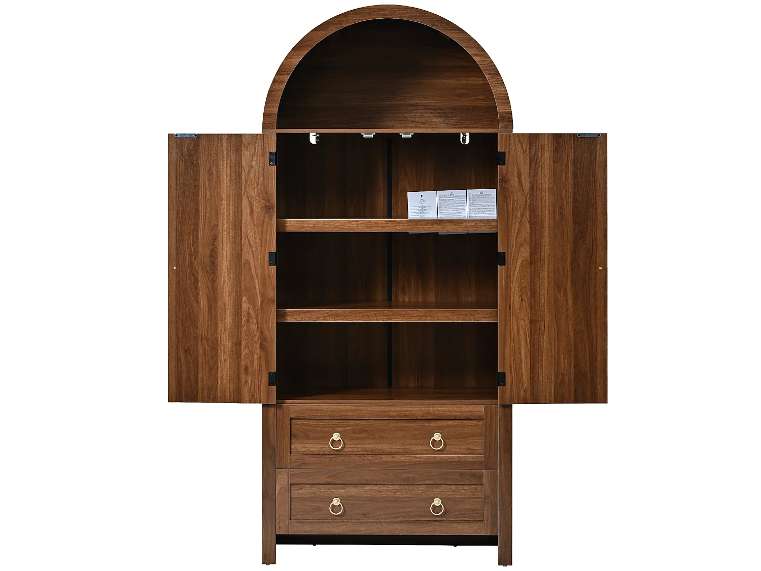 Colonne de rangement en bois foncé, 2 portes, 2 tiroirs, style arche, salon/chambre