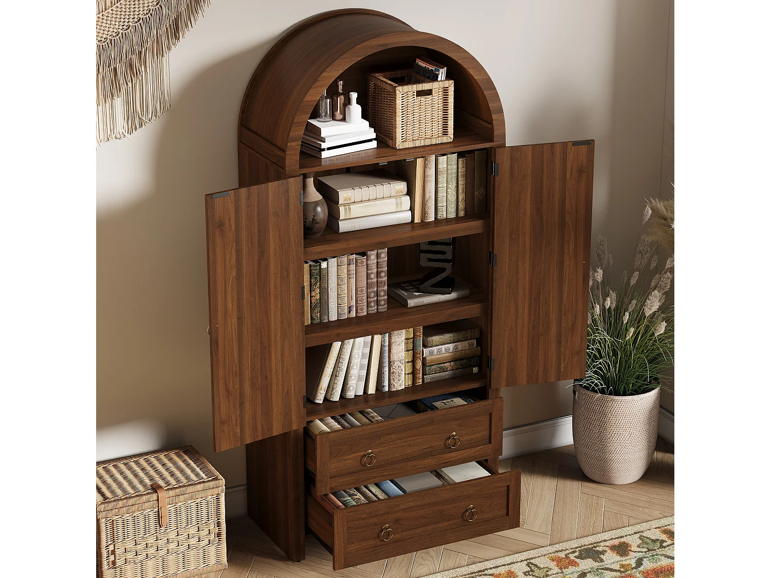 Colonne de rangement en bois foncé, 2 portes, 2 tiroirs, style arche, salon/chambre
