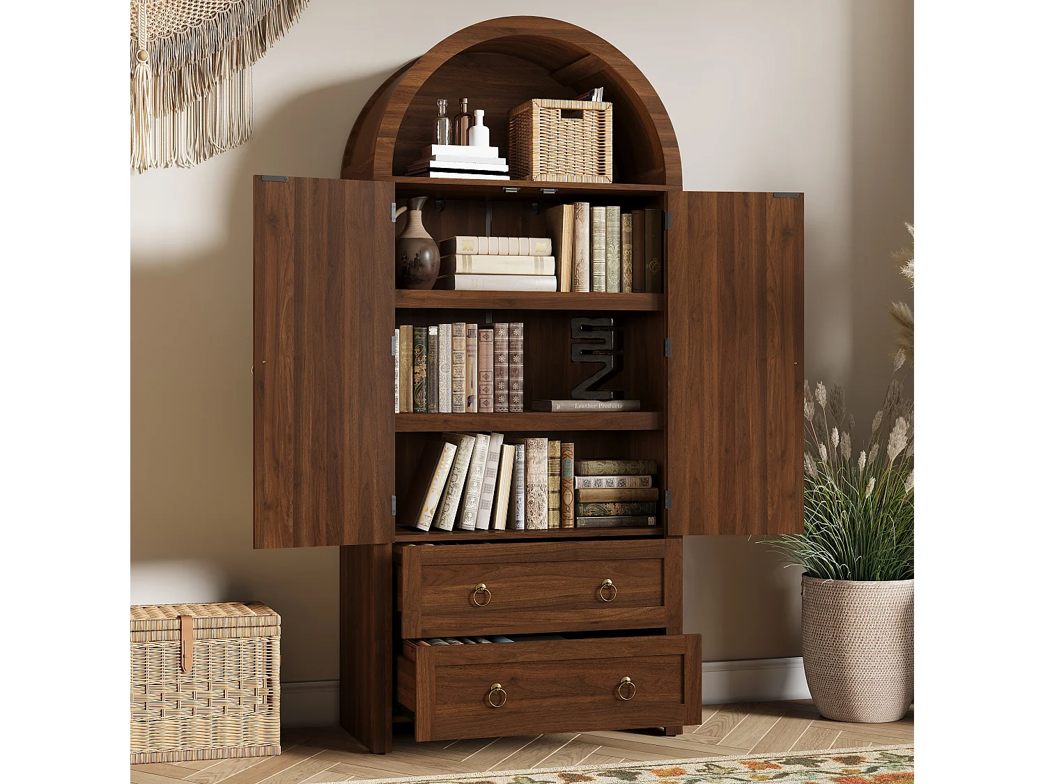 Colonne de rangement en bois foncé, 2 portes, 2 tiroirs, style arche, salon/chambre