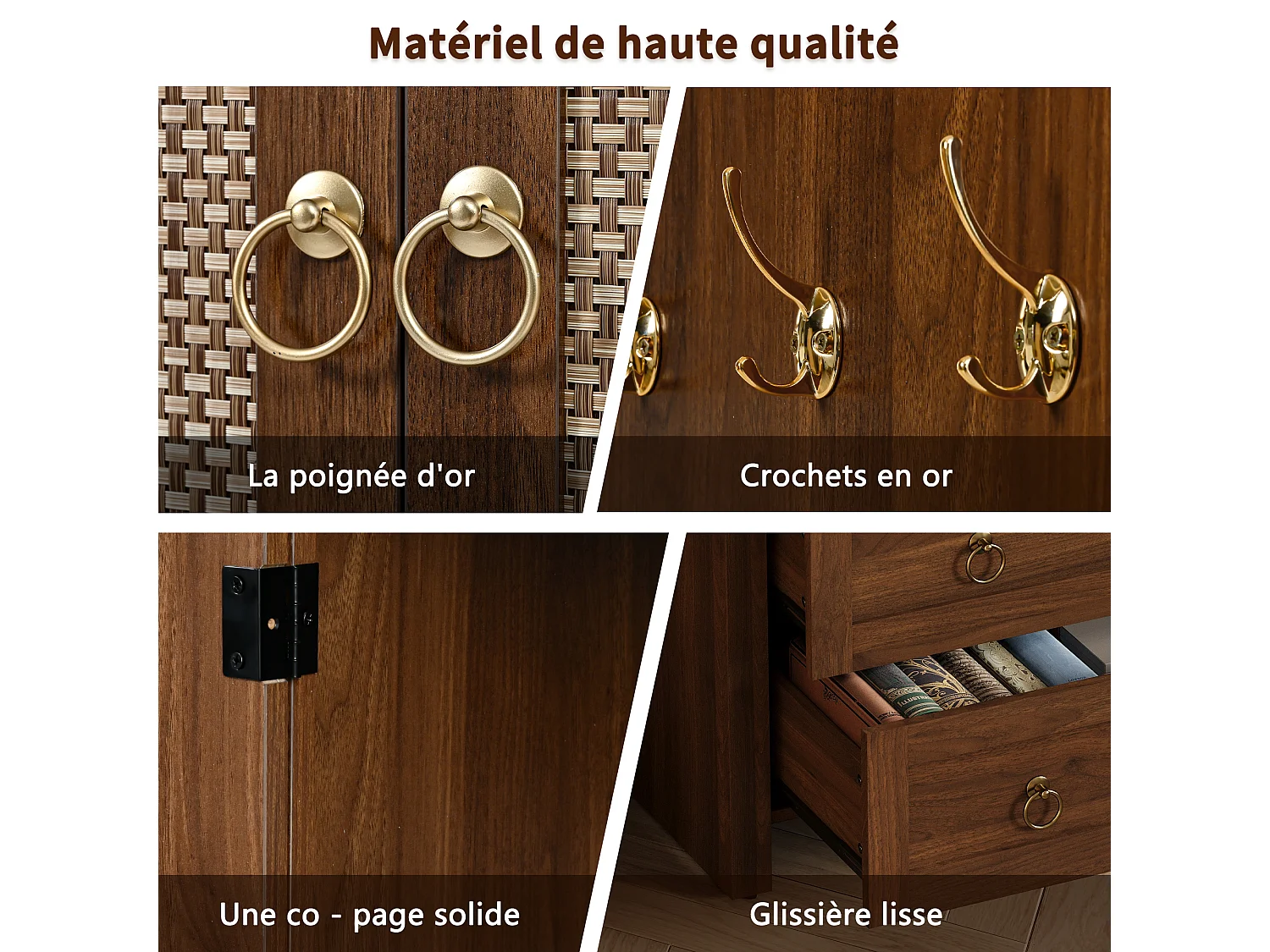 Colonne de rangement en bois foncé, 2 portes, 2 tiroirs, style arche, salon/chambre