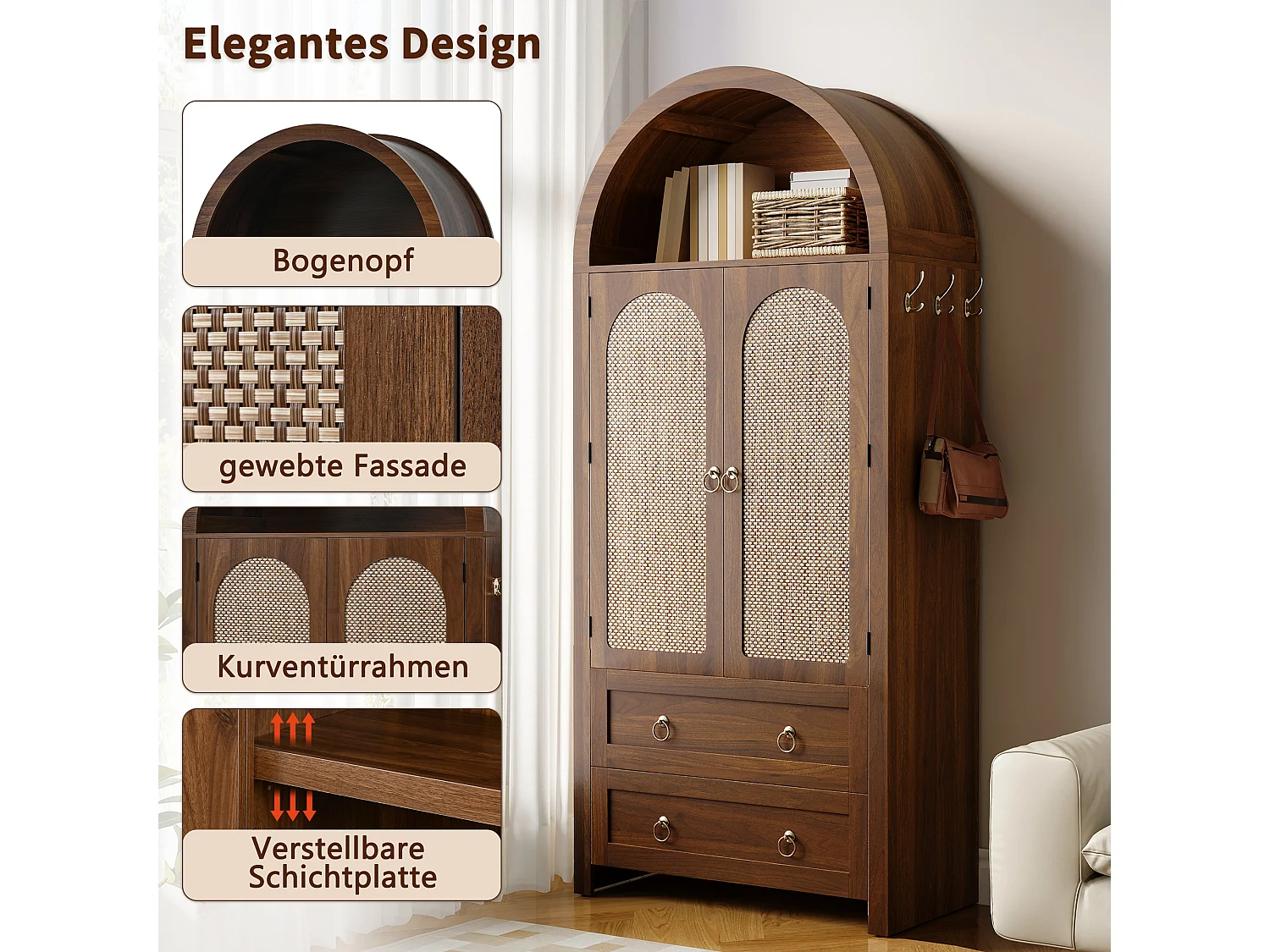 Colonne de rangement en bois foncé, 2 portes, 2 tiroirs, style arche, salon/chambre