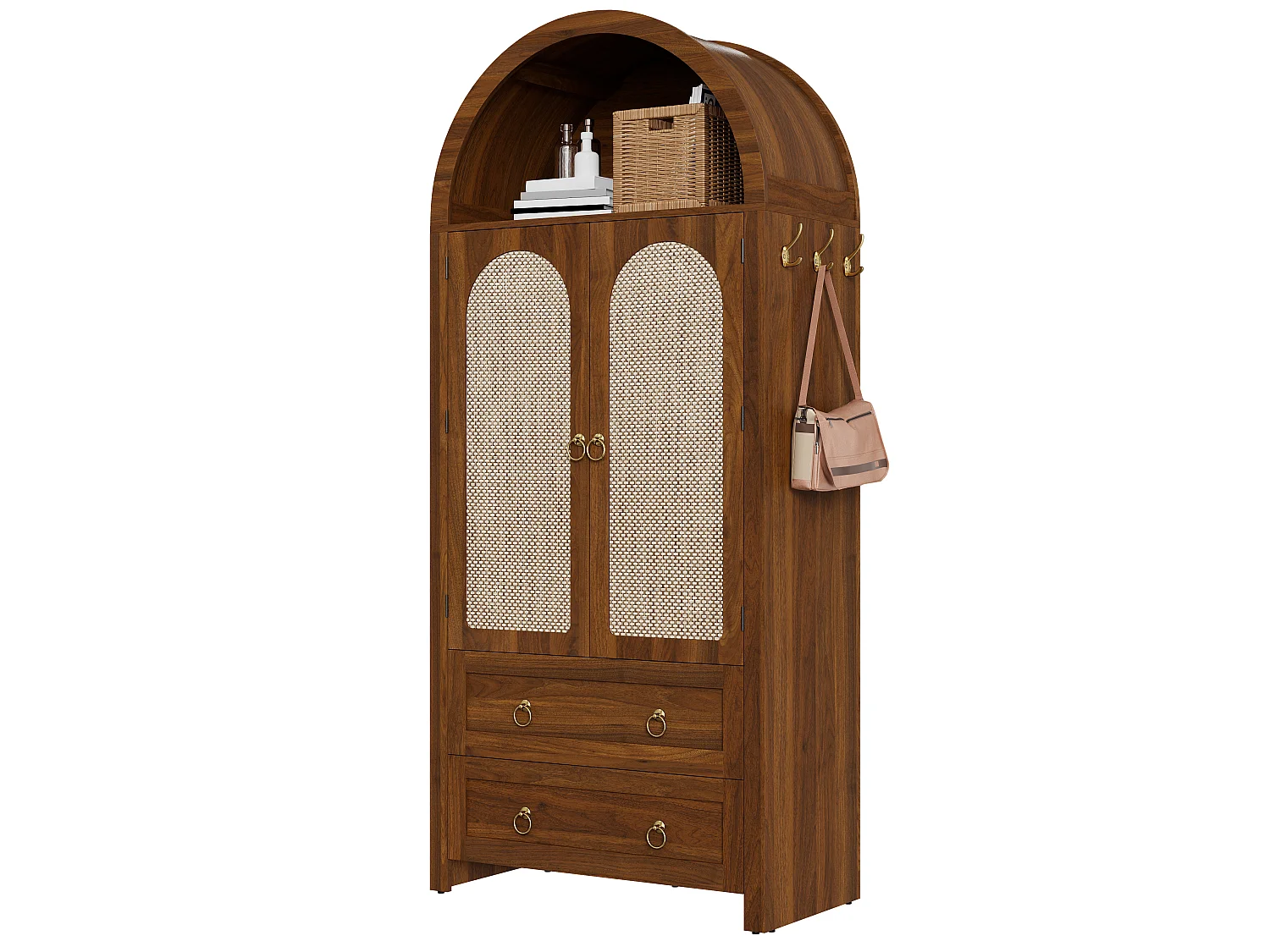 Colonne de rangement en bois foncé, 2 portes, 2 tiroirs, style arche, salon/chambre