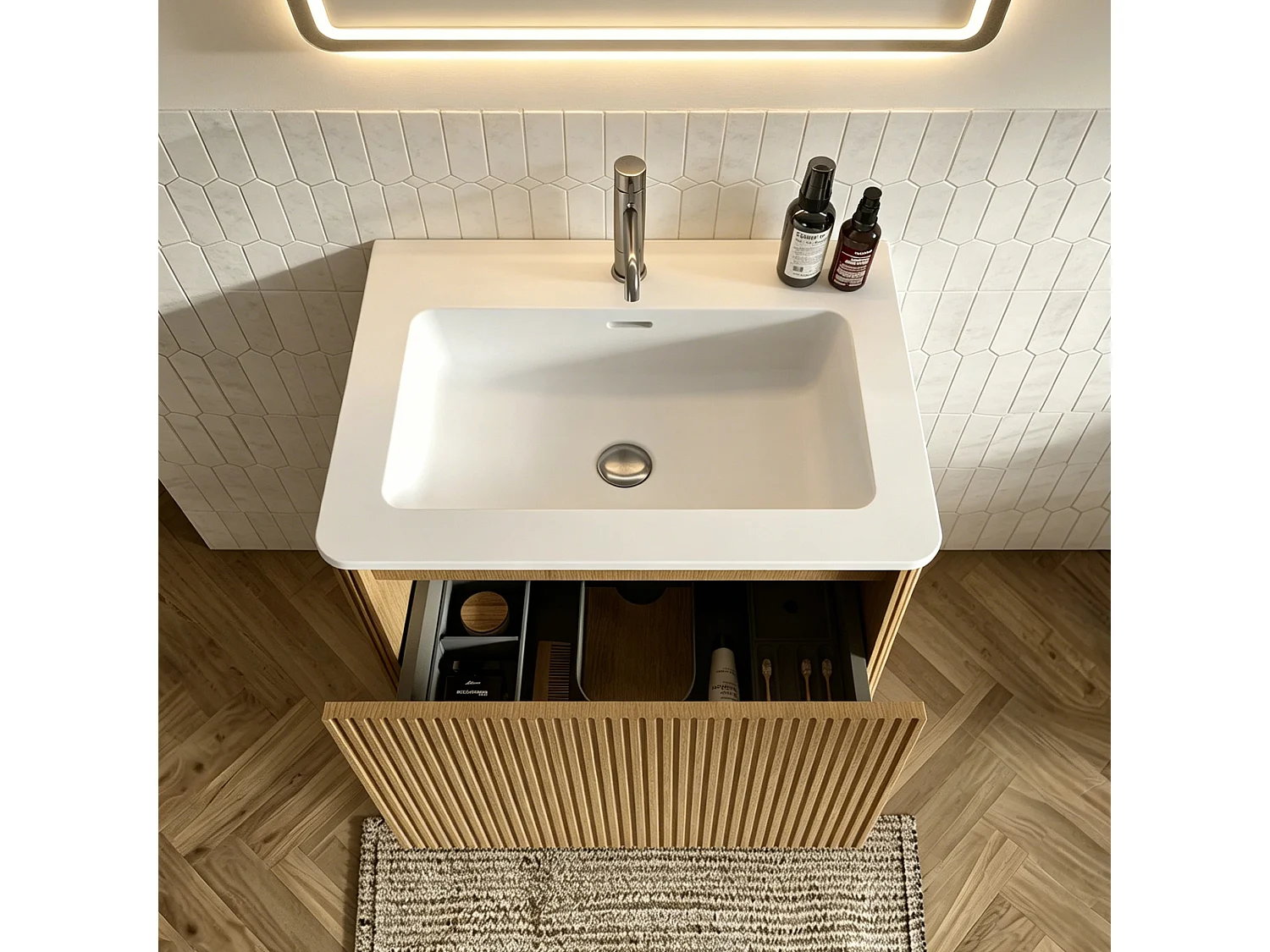 Mobile bagno sospeso con lavabo a incasso e cassetto – Finitura naturale chiara – 61 cm