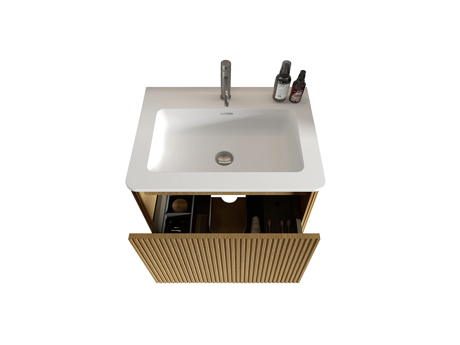Mobile bagno sospeso con lavabo a incasso e cassetto – Finitura naturale chiara – 61 cm