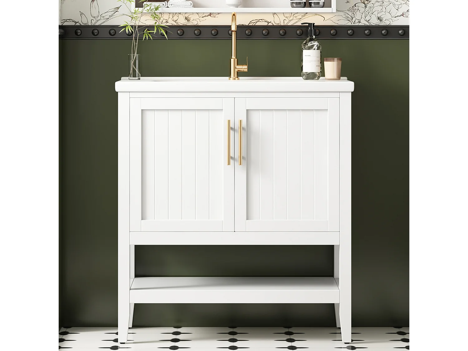 Mobile lavabo bianco con lavabo in ceramica e 2 ante
