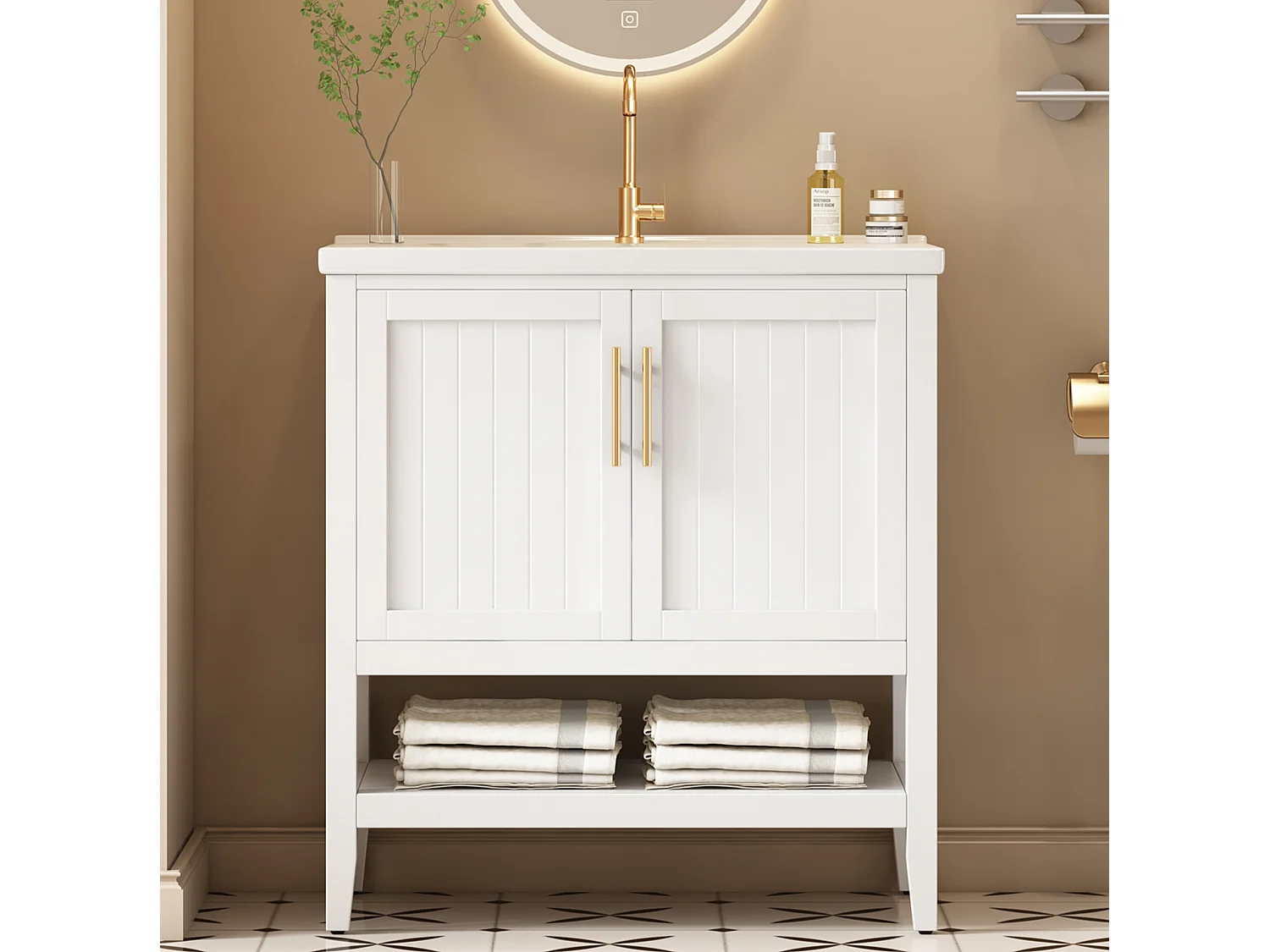 Mobile lavabo bianco con lavabo in ceramica e 2 ante
