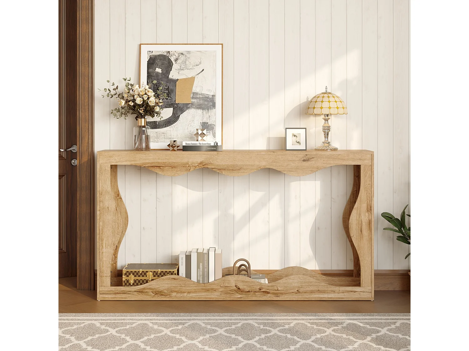 Open consoletafel met 2 niveaus voor de hal, natuurlijke houtlook
