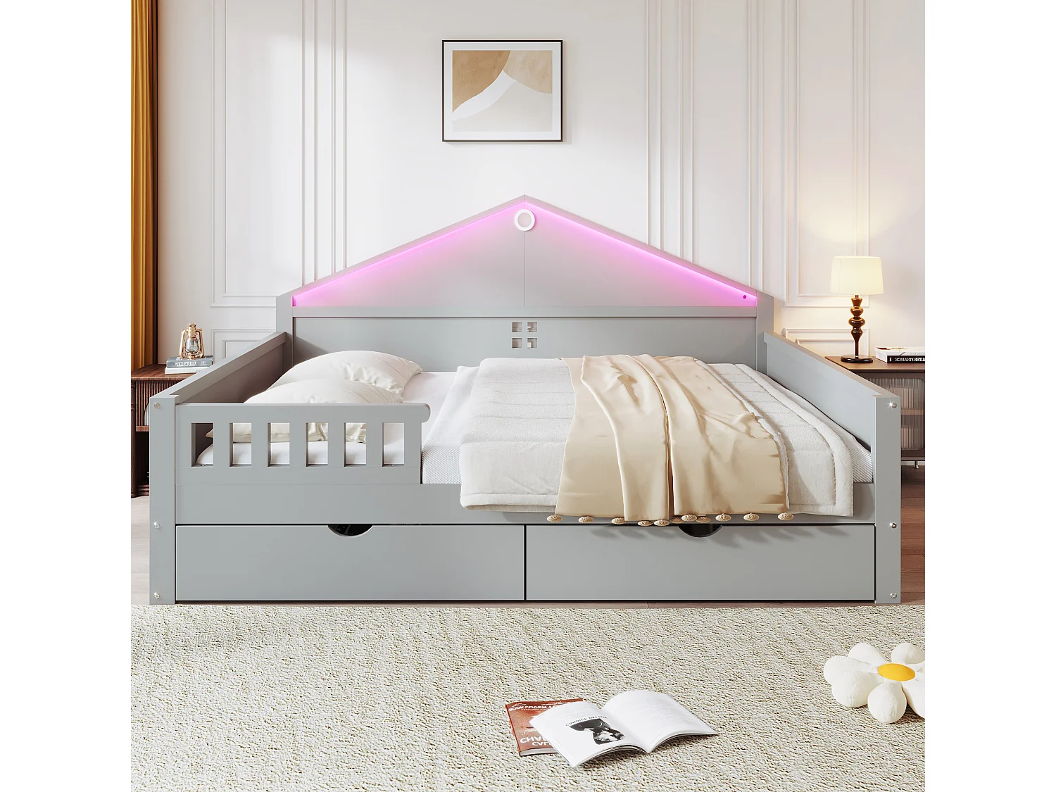 Lit adulte 140x200 cm avec sommier à lattes, LED et 2 tiroirs - Gris