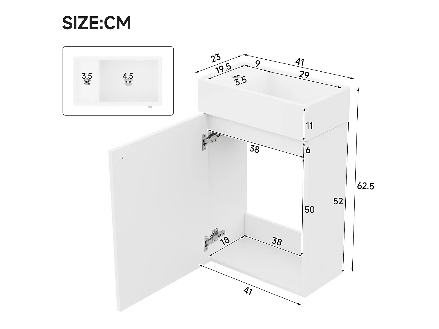 Meuble de salle de bain suspendu 41 x 23 x 62.5 cm avec vasque à encastrer - Blanc