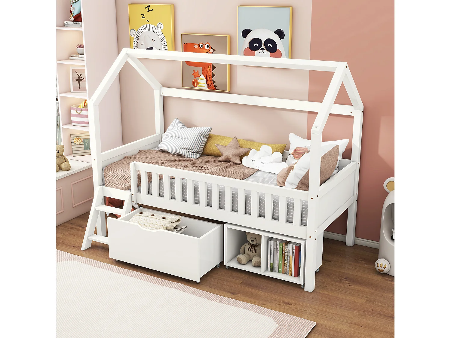 Lit cabane blanc 90x200, avec tiroirs, rangements et échelle, barrières sécurité, enfant