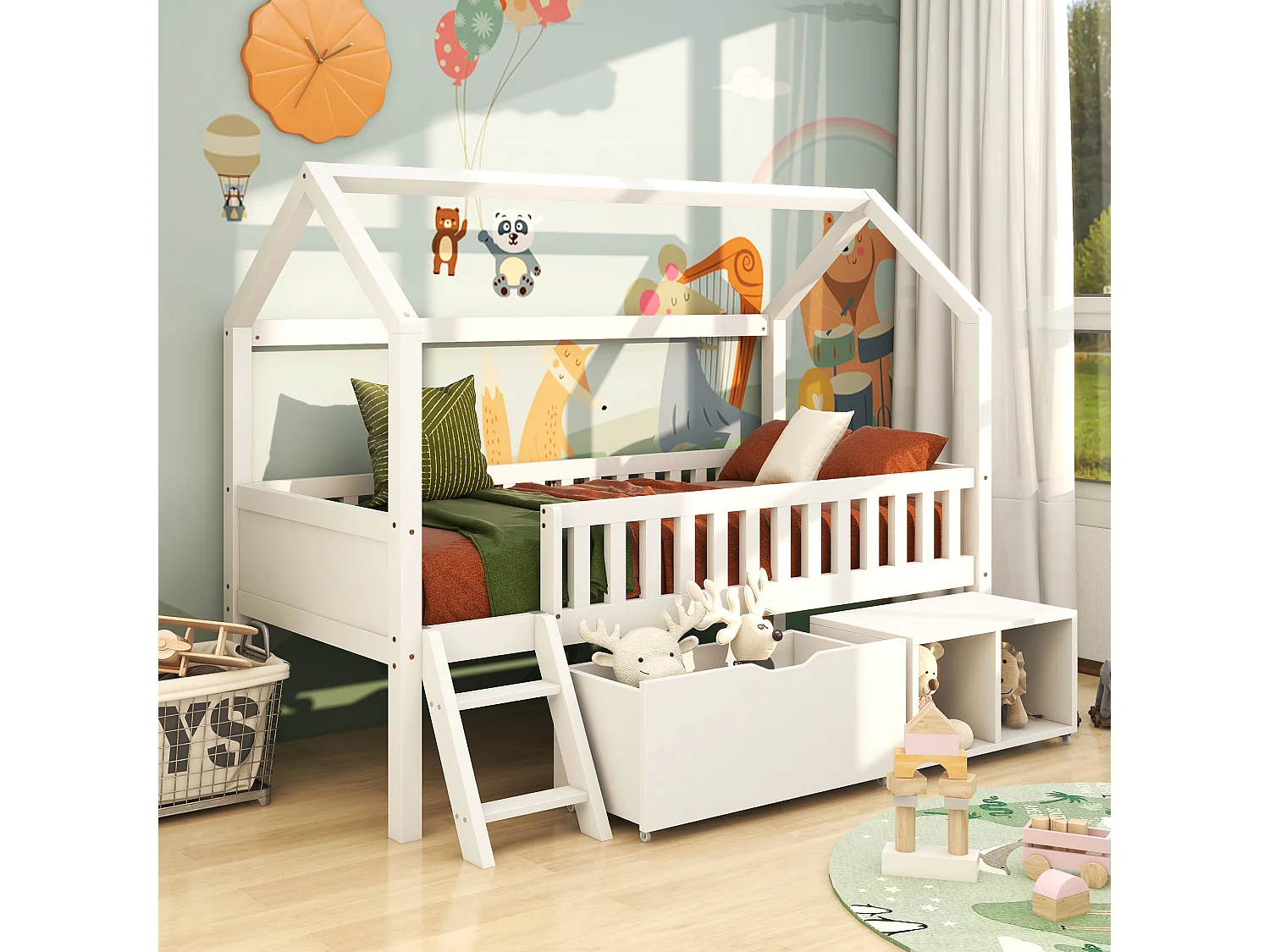 Lit cabane blanc 90x200, avec tiroirs, rangements et échelle, barrières sécurité, enfant