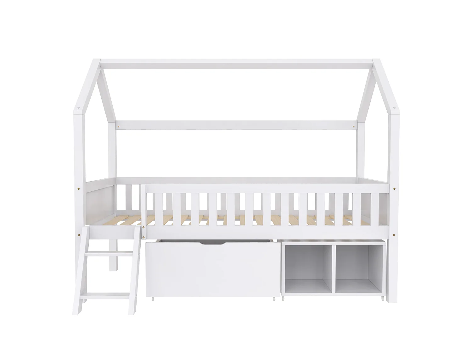 Lit cabane blanc 90x200, avec tiroirs, rangements et échelle, barrières sécurité, enfant