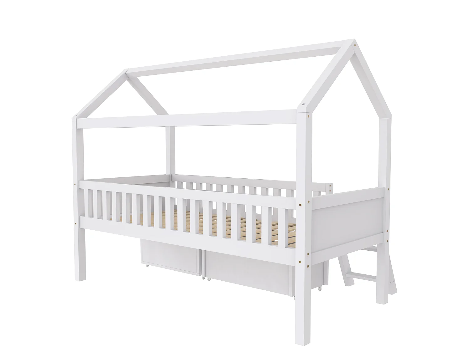 Lit cabane blanc 90x200, avec tiroirs, rangements et échelle, barrières sécurité, enfant