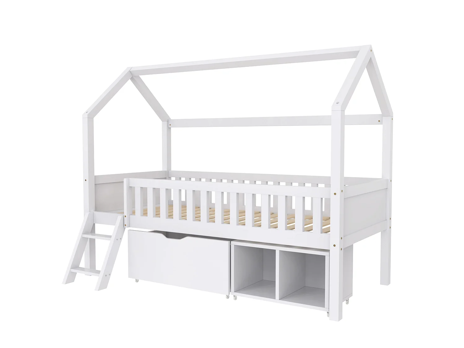 Lit cabane blanc 90x200, avec tiroirs, rangements et échelle, barrières sécurité, enfant