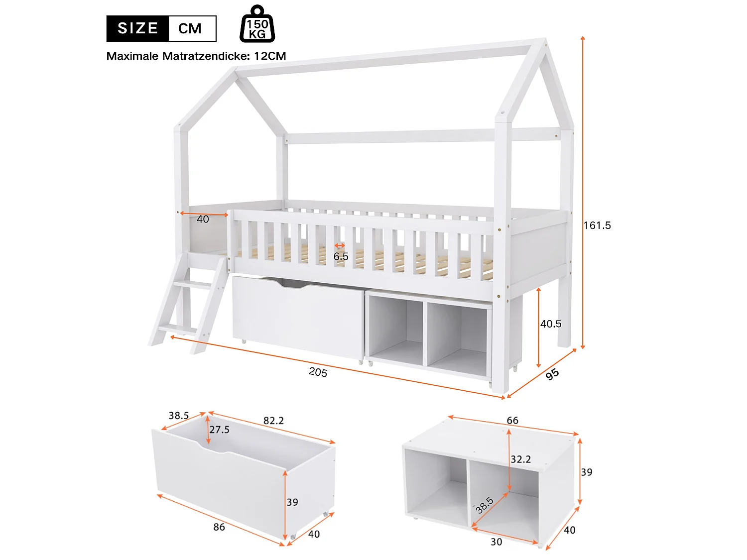 Lit cabane blanc 90x200, avec tiroirs, rangements et échelle, barrières sécurité, enfant
