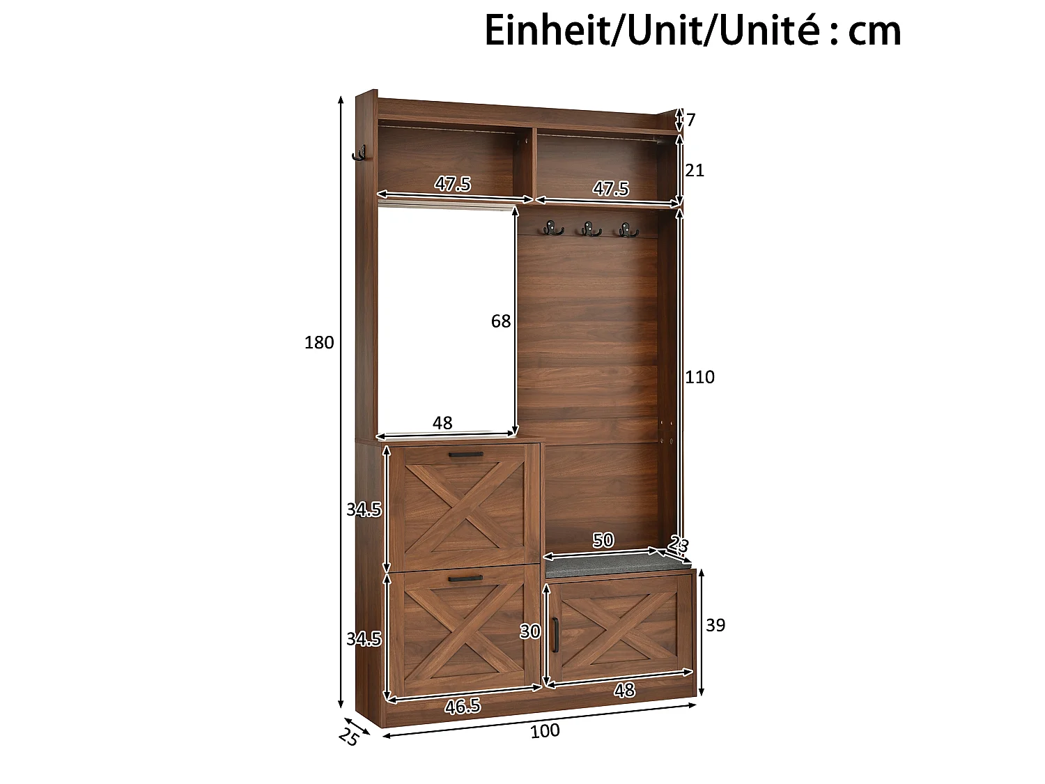 Perchero de entrada con 2 puertas abatibles, espejo e iluminación LED - Marrón