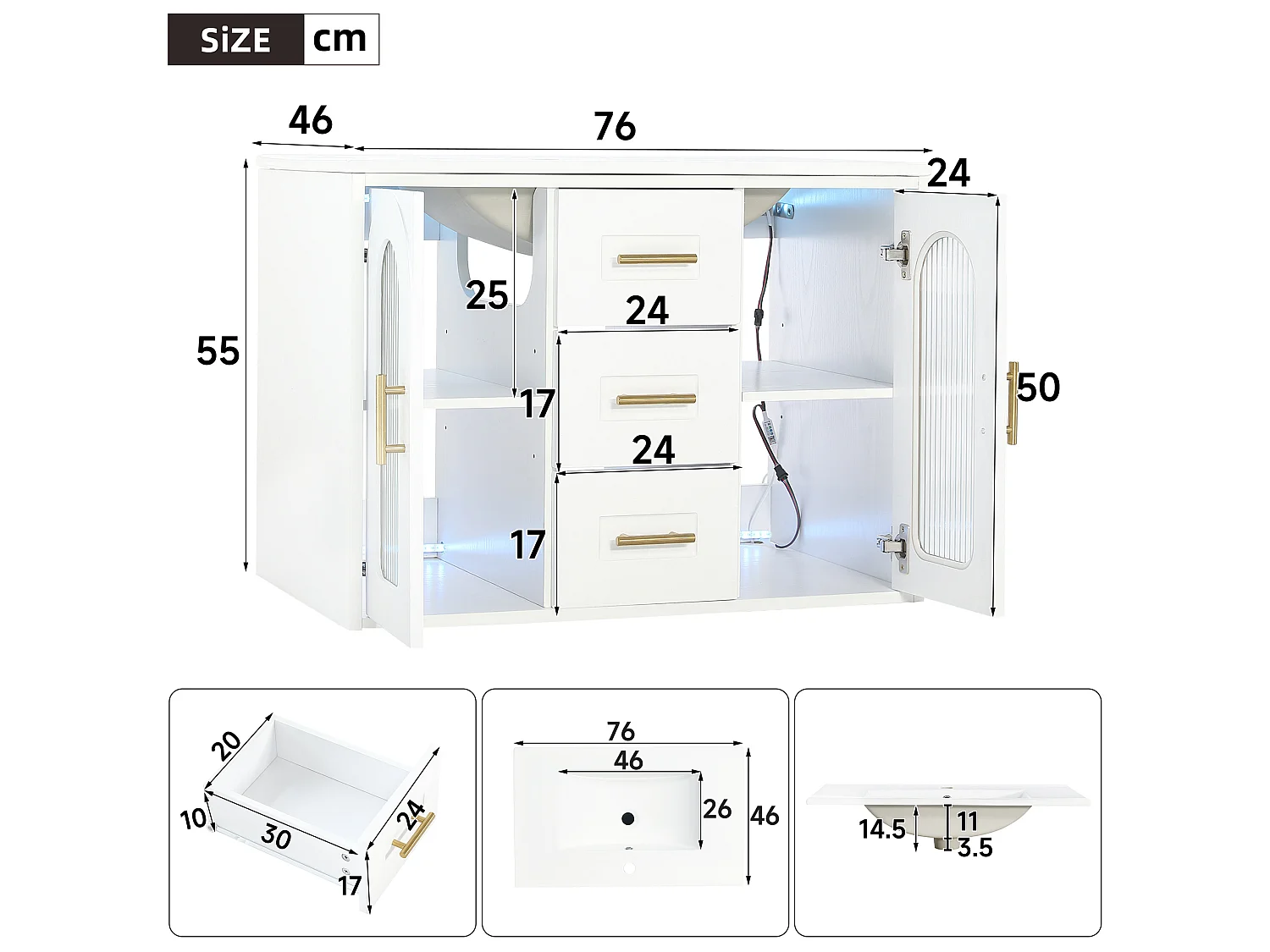 Hangend badkamermeubel van 76 cm met inbouwwastafel – 3 lades en 2 deuren – Wit