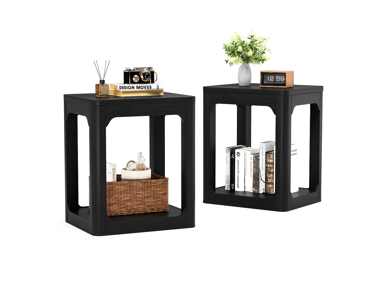 Lot de 2 tables d'appoint noir avec rangement - H 60 cm