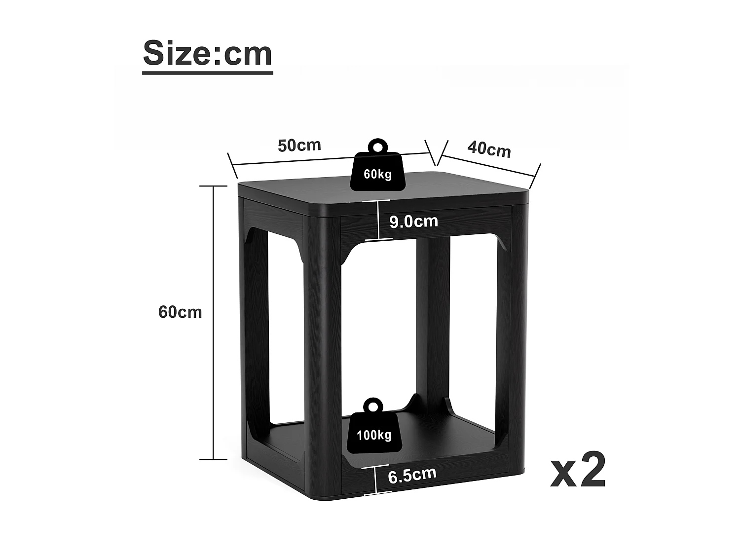 Lot de 2 tables d'appoint noir avec rangement - H 60 cm