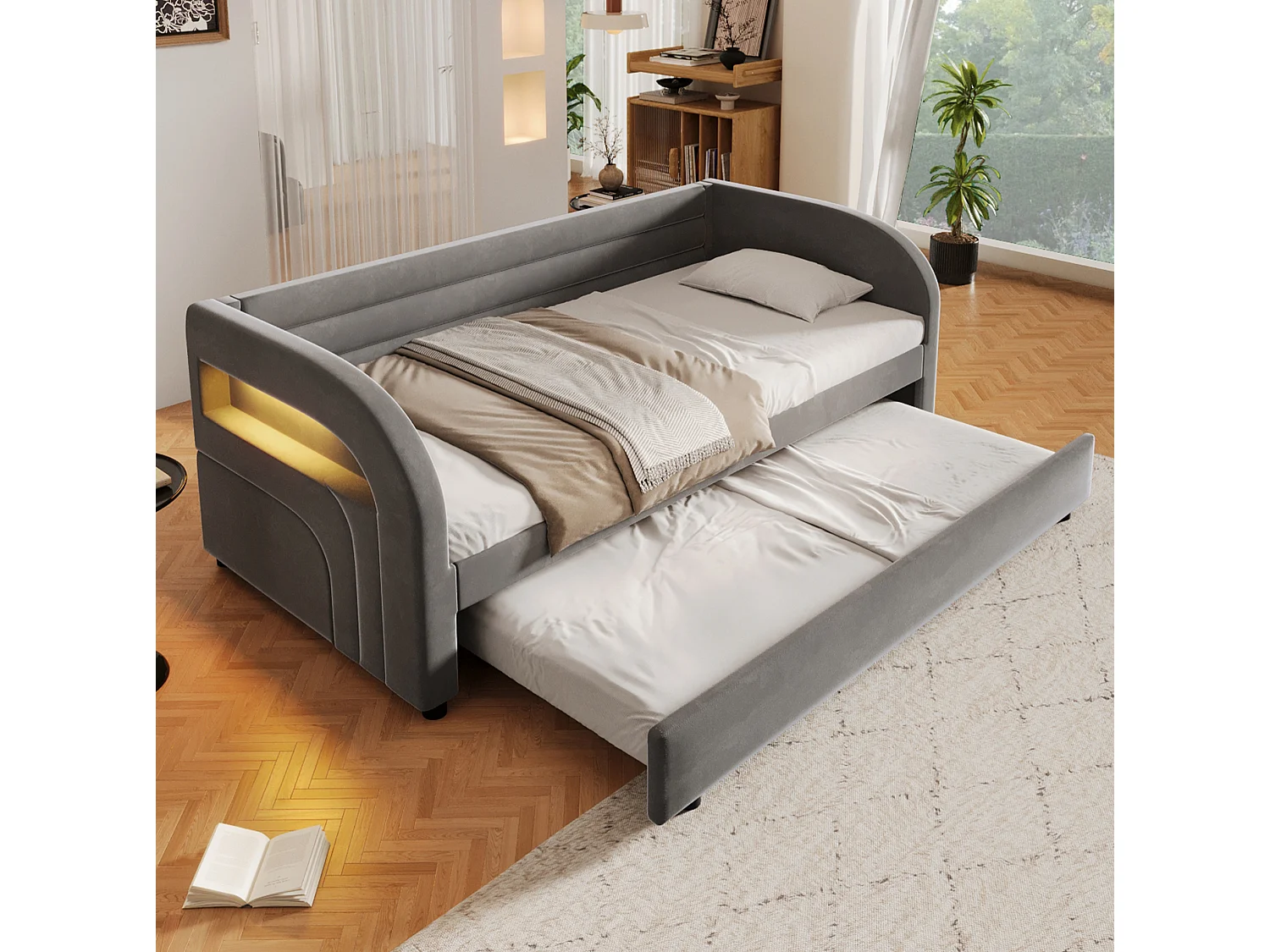 Lit banquette enfant LED 90x200 avec lit gigogne 90x190 cm - Tissu gris