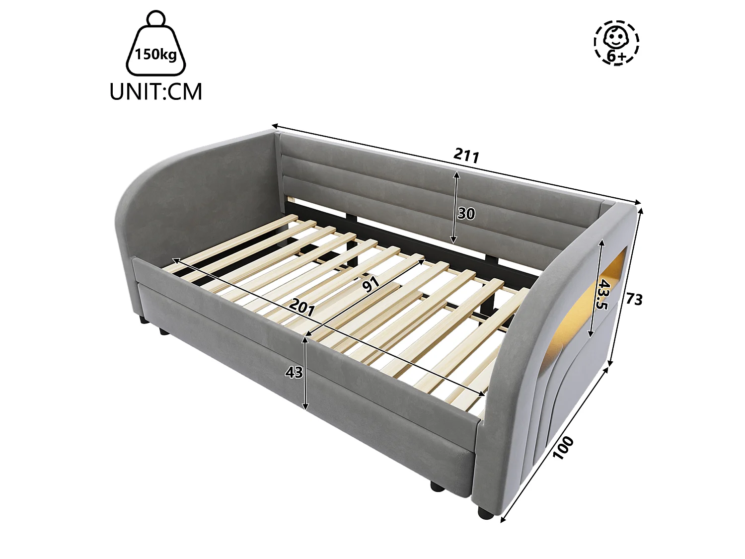 Lit banquette enfant LED 90x200 avec lit gigogne 90x190 cm - Tissu gris