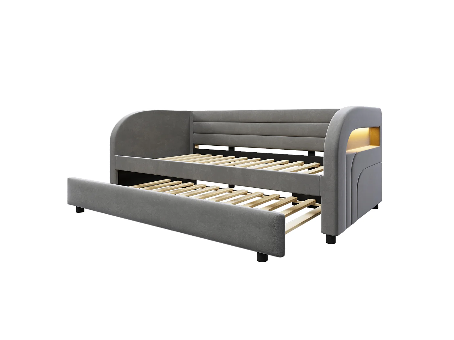 Lit banquette enfant LED 90x200 avec lit gigogne 90x190 cm - Tissu gris