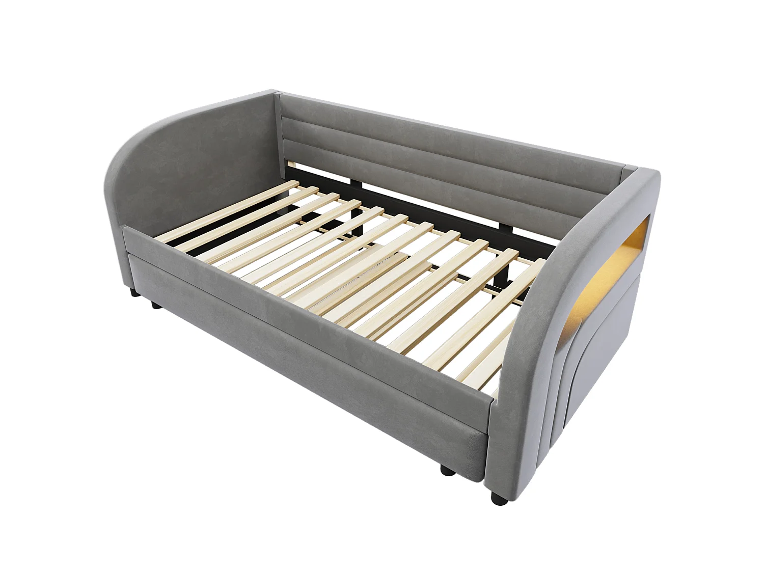 Lit banquette enfant LED 90x200 avec lit gigogne 90x190 cm - Tissu gris