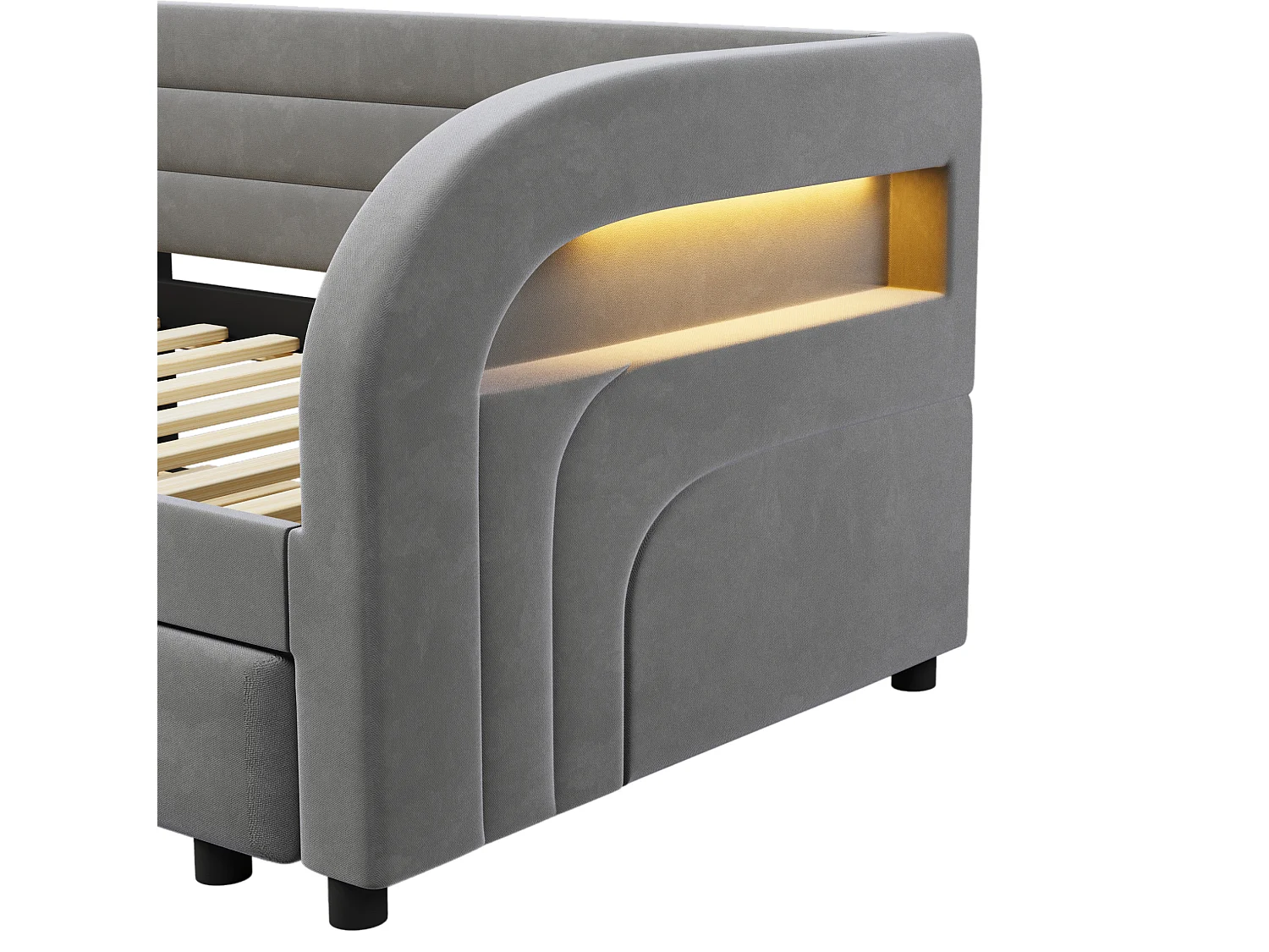 Lit banquette enfant LED 90x200 avec lit gigogne 90x190 cm - Tissu gris
