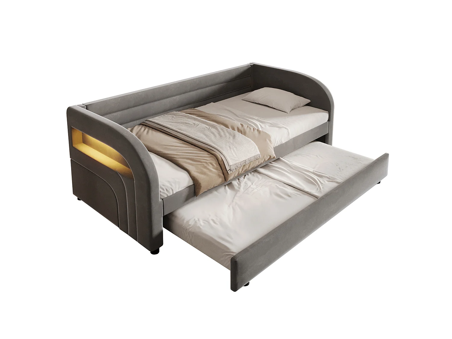 Lit banquette enfant LED 90x200 avec lit gigogne 90x190 cm - Tissu gris